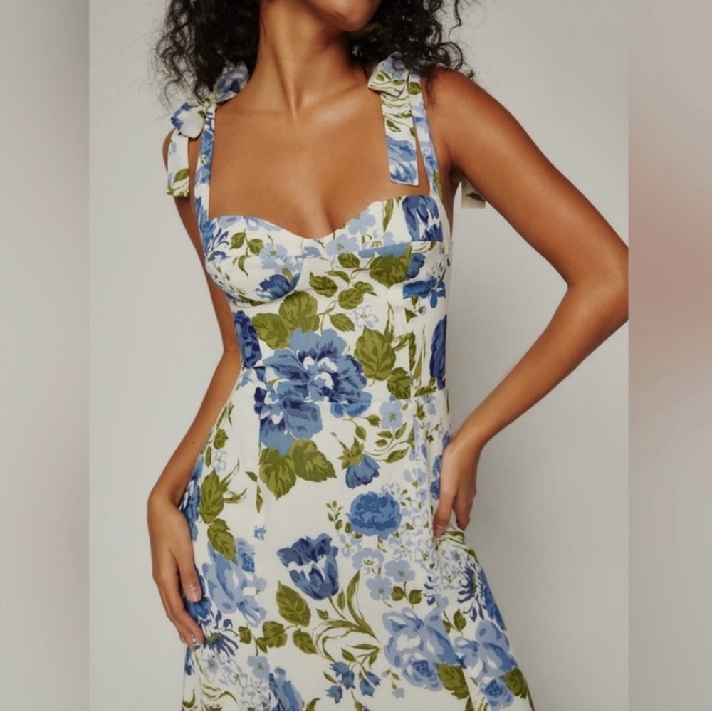 REFORMATION Nadira blue and green floral midi dress